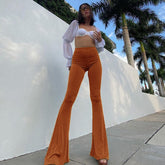 Lizakosht Retro High Waist Flare Pants Women's Fashion Streetwear Women's Skinny Slim Pants Green Shiny Tights New